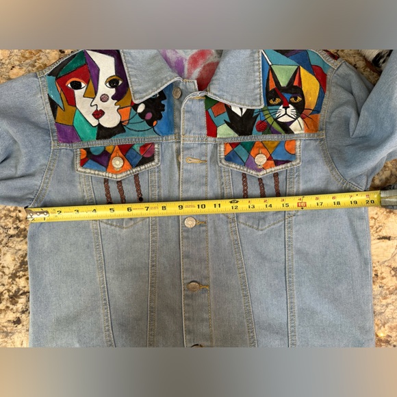 Handpainted modern art cubist style on denim jean jacket OOAK sz SM/MD - Picture 9 of 11